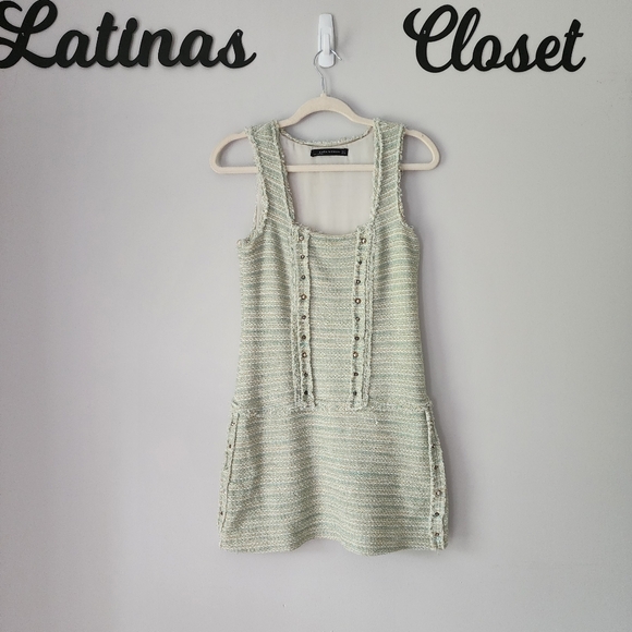 Zara‎ Tweed Mint Green Metallic Studded Mini Dress Size Small - Picture 4 of 10